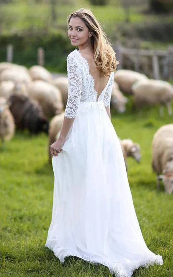 Vestido de novia de gasa con escote en V, encaje y manga 3/4 hasta el suelo